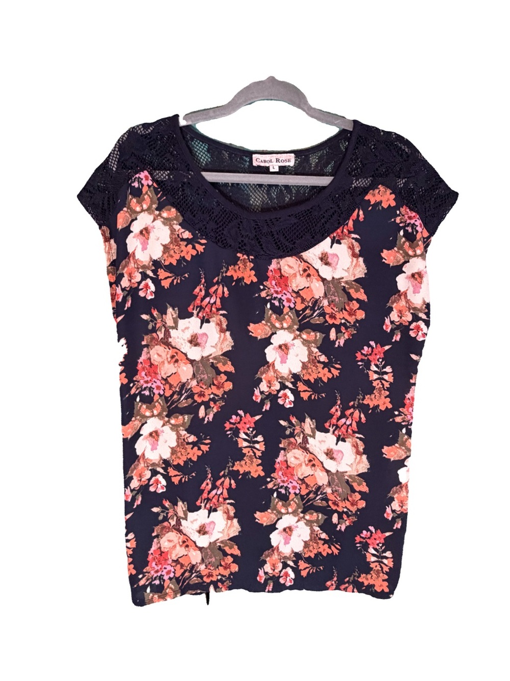 Carol Rose Navy Floral Cap-Sleeve Top with Lace Yoke
Boutique Large